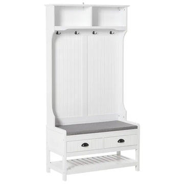 3-in-1 Hall Tree, Entryway Bench with Coat Rack, Shoe Rack, 2 Storage Drawers, 4 Hooks, Padded Seat, White - product image 1