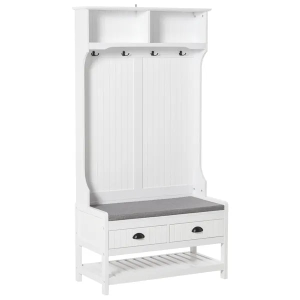 3-in-1 Hall Tree, Entryway Bench with Coat Rack, Shoe Rack, 2 Storage Drawers, 4 Hooks, Padded Seat, White - product image 1