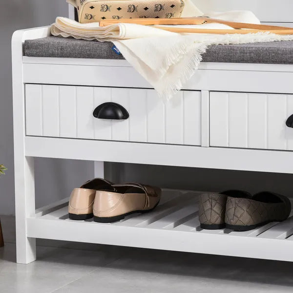 3-in-1 Hall Tree, Entryway Bench with Coat Rack, Shoe Rack, 2 Storage Drawers, 4 Hooks, Padded Seat, White - product image 9