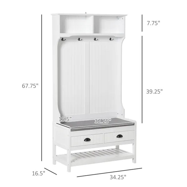 3-in-1 Hall Tree, Entryway Bench with Coat Rack, Shoe Rack, 2 Storage Drawers, 4 Hooks, Padded Seat, White - product image 3