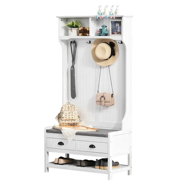 3-in-1 Hall Tree, Entryway Bench with Coat Rack, Shoe Rack, 2 Storage Drawers, 4 Hooks, Padded Seat, White - product image 11