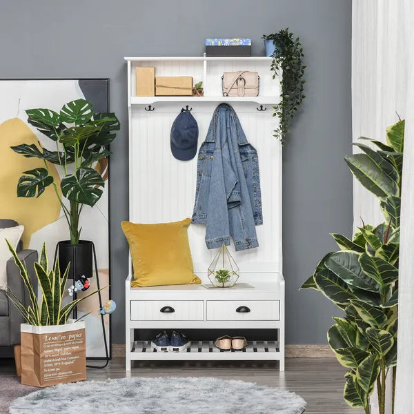 3-in-1 Hall Tree, Entryway Bench with Coat Rack, Shoe Rack, 2 Storage Drawers, 4 Hooks, Padded Seat, White - product image 2