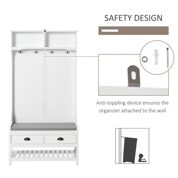 3-in-1 Hall Tree, Entryway Bench with Coat Rack, Shoe Rack, 2 Storage Drawers, 4 Hooks, Padded Seat, White - product image 5