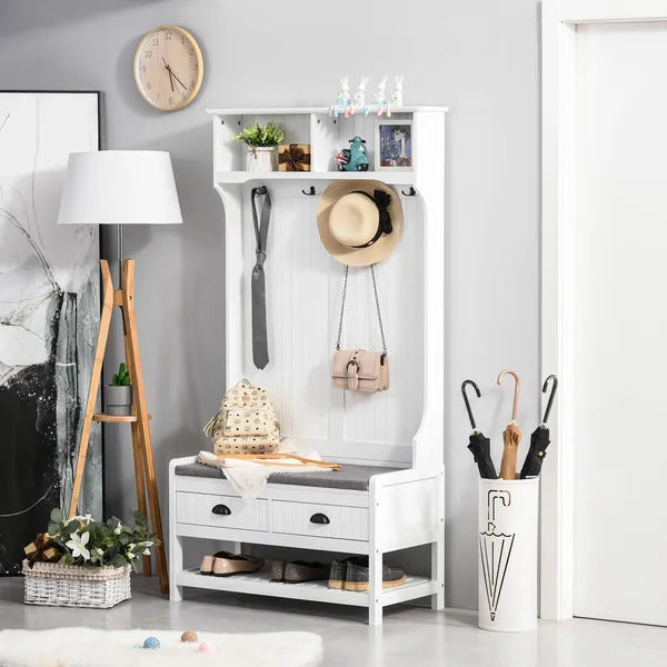 3-in-1 Hall Tree, Entryway Bench with Coat Rack, Shoe Rack, 2 Storage Drawers, 4 Hooks, Padded Seat, White - product image 10