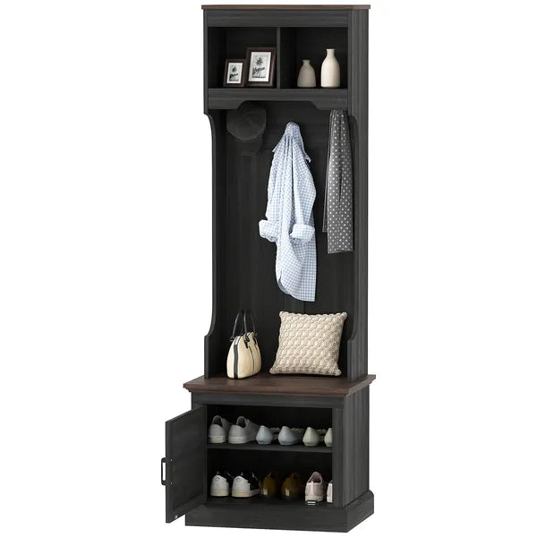 HOMCOM 3-in-1 Hall Tree with Shoe Storage Bench and 3 Coat Hooks Black Wood Grain - product image 1