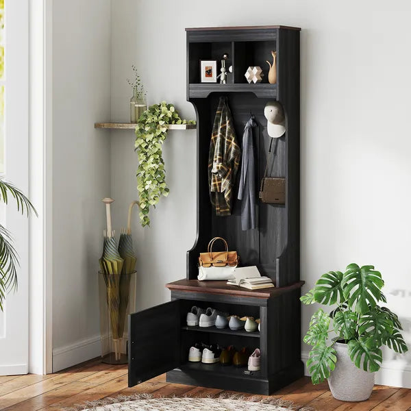 HOMCOM 3-in-1 Hall Tree with Shoe Storage Bench and 3 Coat Hooks Black Wood Grain - product image 2