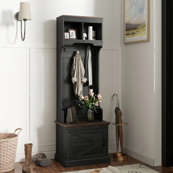 HOMCOM 3-in-1 Hall Tree with Shoe Storage Bench and 3 Coat Hooks Black Wood Grain - product image 10