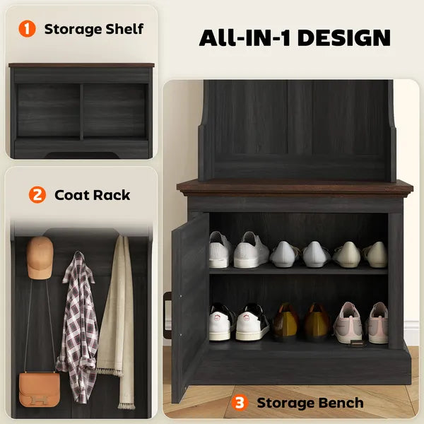 HOMCOM 3-in-1 Hall Tree with Shoe Storage Bench and 3 Coat Hooks Black Wood Grain - product image 4
