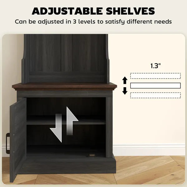 HOMCOM 3-in-1 Hall Tree with Shoe Storage Bench and 3 Coat Hooks Black Wood Grain - product image 7