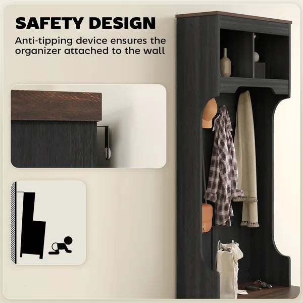 HOMCOM 3-in-1 Hall Tree with Shoe Storage Bench and 3 Coat Hooks Black Wood Grain - product image 8