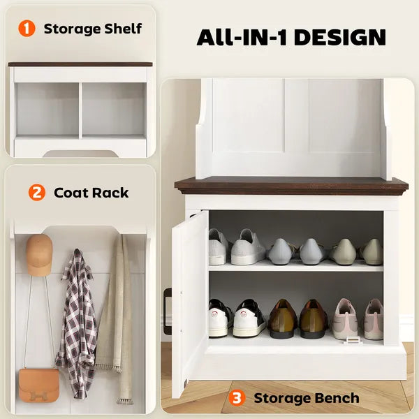 HOMCOM 3-in-1 Hall Tree with Shoe Storage Bench Coat Rack and 3 Hooks White Wood Grain - product image 4