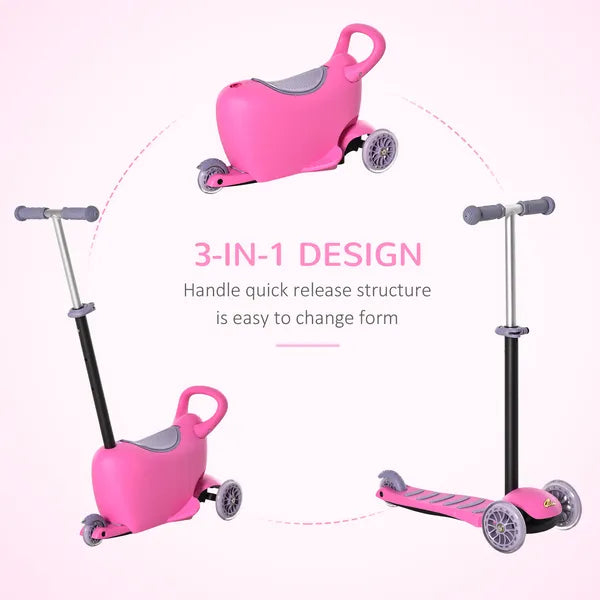 3-in-1 Kids Scooter Walker Push Car, Pink, Height Adjustable, with Storage, Durable - product image 4