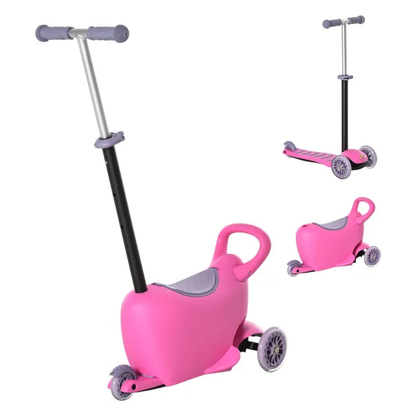 3-in-1 Kids Scooter Walker Push Car, Pink, Height Adjustable, with Storage, Durable - product image 1