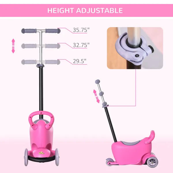 3-in-1 Kids Scooter Walker Push Car, Pink, Height Adjustable, with Storage, Durable - product image 5