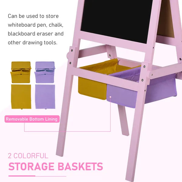 Qaba 3-in-1 Kids Wooden Art Easel with Paper Roll, Double-Sided, Chalkboard and Whiteboard, Storage Baskets, Pink - product image 5