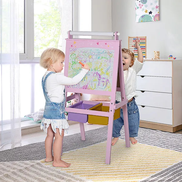 Qaba 3-in-1 Kids Wooden Art Easel with Paper Roll, Double-Sided, Chalkboard and Whiteboard, Storage Baskets, Pink - product image 2