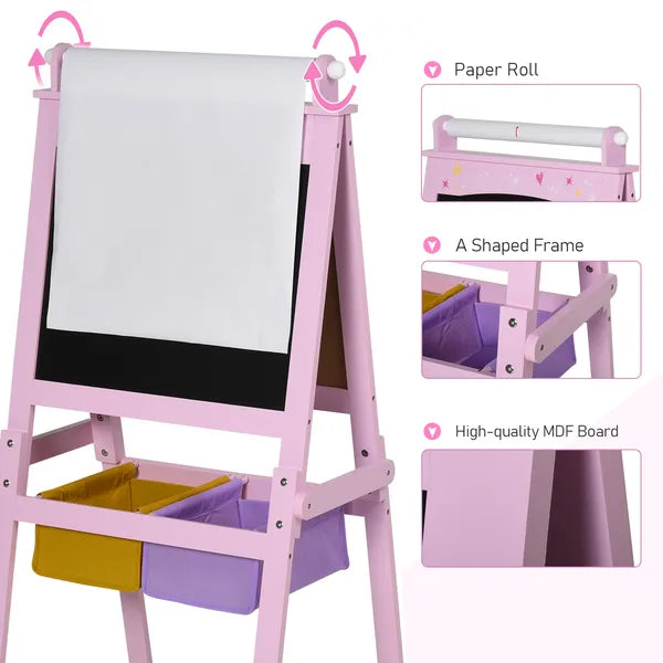 Qaba 3-in-1 Kids Wooden Art Easel with Paper Roll, Double-Sided, Chalkboard and Whiteboard, Storage Baskets, Pink - product image 6