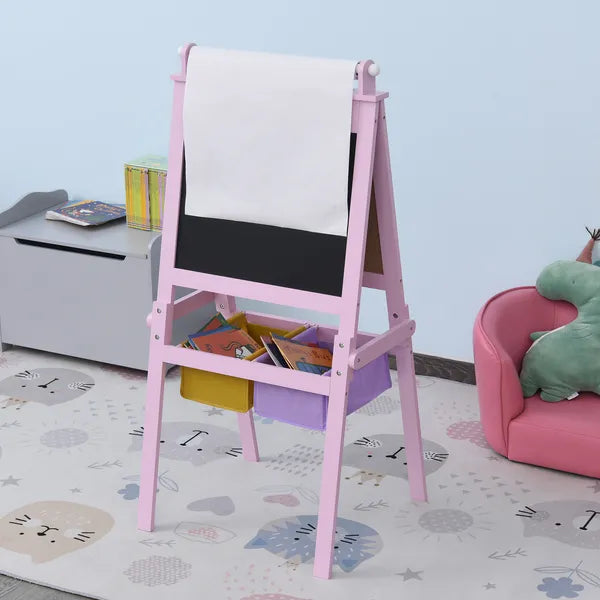 Qaba 3-in-1 Kids Wooden Art Easel with Paper Roll, Double-Sided, Chalkboard and Whiteboard, Storage Baskets, Pink - product image 10