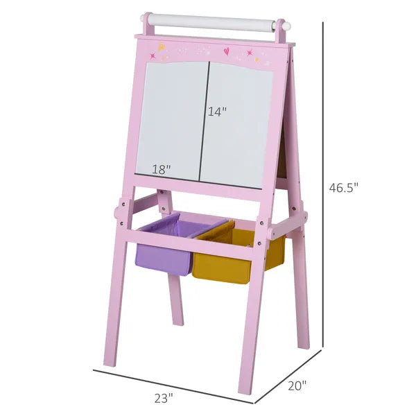 Qaba 3-in-1 Kids Wooden Art Easel with Paper Roll, Double-Sided, Chalkboard and Whiteboard, Storage Baskets, Pink - product image 3