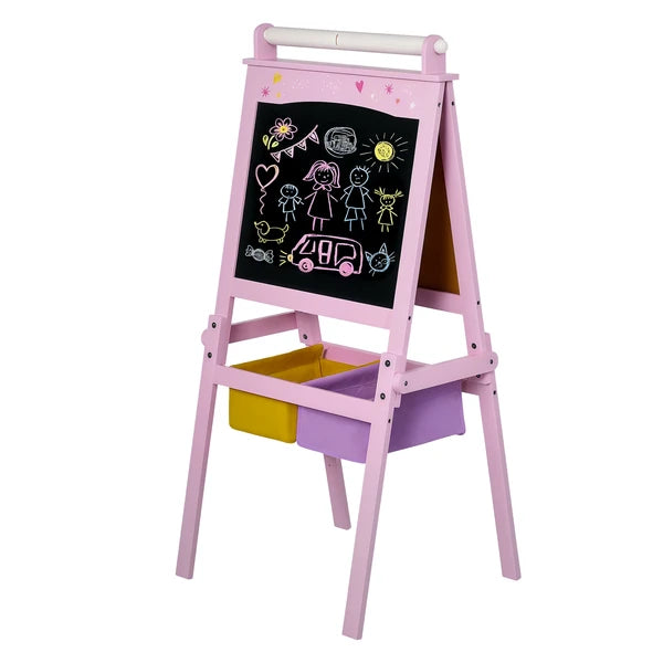 Qaba 3-in-1 Kids Wooden Art Easel with Paper Roll, Double-Sided, Chalkboard and Whiteboard, Storage Baskets, Pink - product image 1