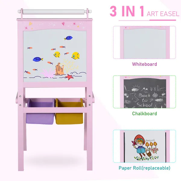 Qaba 3-in-1 Kids Wooden Art Easel with Paper Roll, Double-Sided, Chalkboard and Whiteboard, Storage Baskets, Pink - product image 4