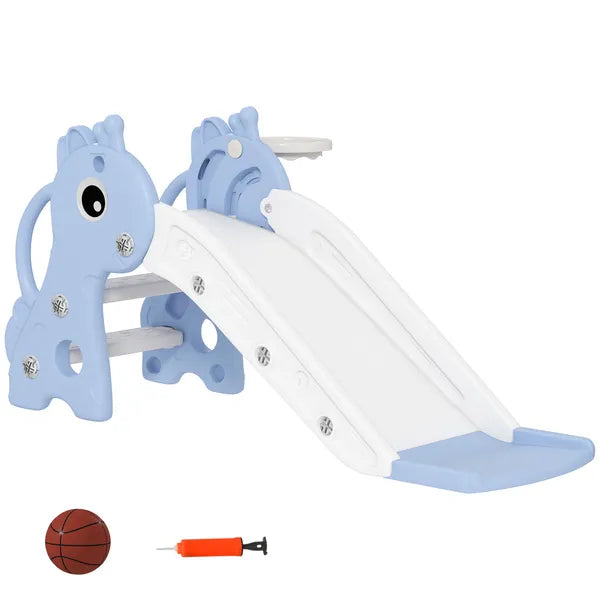 3-in-1 Toddler Slide for Age 1-3, Freestanding Kids Slide with Climber, Basketball Hoop and Ball, Giraffe Design, Blue - product image 1