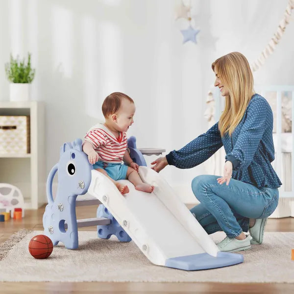 3-in-1 Toddler Slide for Age 1-3, Freestanding Kids Slide with Climber, Basketball Hoop and Ball, Giraffe Design, Blue - product image 2