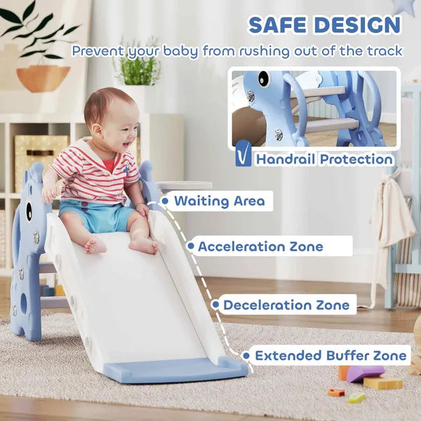 3-in-1 Toddler Slide for Age 1-3, Freestanding Kids Slide with Climber, Basketball Hoop and Ball, Giraffe Design, Blue - product image 6