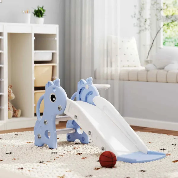 3-in-1 Toddler Slide for Age 1-3, Freestanding Kids Slide with Climber, Basketball Hoop and Ball, Giraffe Design, Blue - product image 10