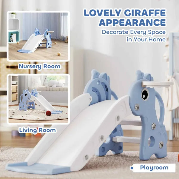 3-in-1 Toddler Slide for Age 1-3, Freestanding Kids Slide with Climber, Basketball Hoop and Ball, Giraffe Design, Blue - product image 5