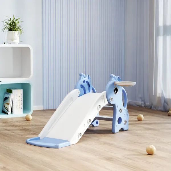3-in-1 Toddler Slide for Age 1-3, Freestanding Kids Slide with Climber, Basketball Hoop and Ball, Giraffe Design, Blue - product image 9