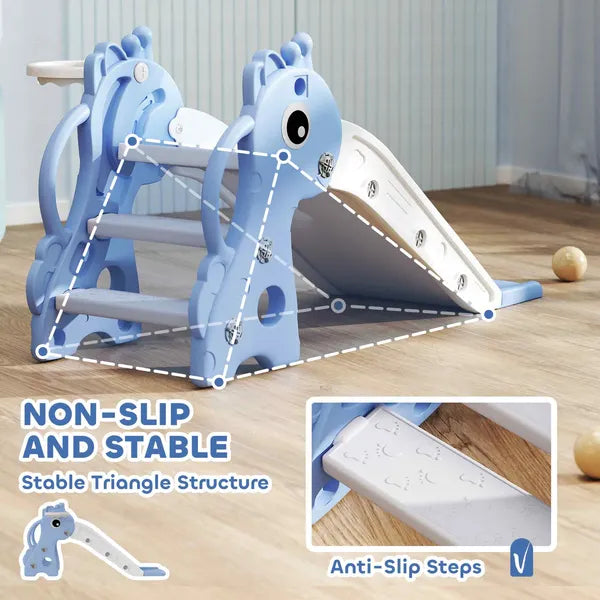 3-in-1 Toddler Slide for Age 1-3, Freestanding Kids Slide with Climber, Basketball Hoop and Ball, Giraffe Design, Blue - product image 7