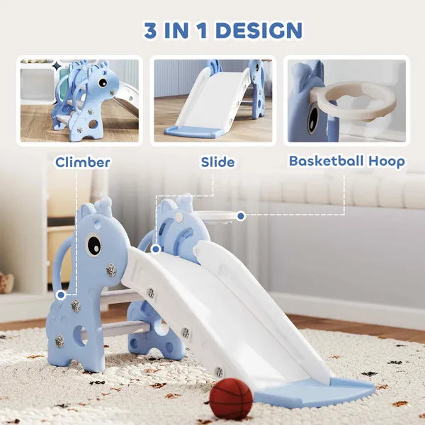 3-in-1 Toddler Slide for Age 1-3, Freestanding Kids Slide with Climber, Basketball Hoop and Ball, Giraffe Design, Blue - product image 4