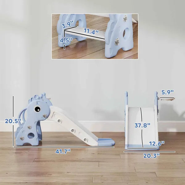 3-in-1 Toddler Slide for Age 1-3, Freestanding Kids Slide with Climber, Basketball Hoop and Ball, Giraffe Design, Blue - product image 3