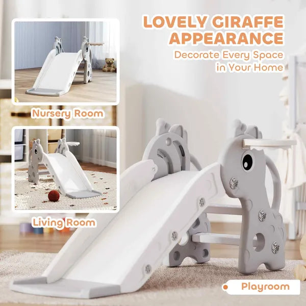 3-in-1 Toddler Slide for Age 1-3, Freestanding Kids Slide with Climber, Basketball Hoop and Ball, Giraffe Design, Gray - product image 5