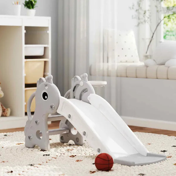 3-in-1 Toddler Slide for Age 1-3, Freestanding Kids Slide with Climber, Basketball Hoop and Ball, Giraffe Design, Gray - product image 10