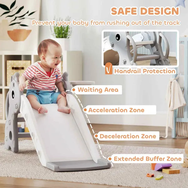 3-in-1 Toddler Slide for Age 1-3, Freestanding Kids Slide with Climber, Basketball Hoop and Ball, Giraffe Design, Gray - product image 6