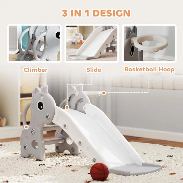 3-in-1 Toddler Slide for Age 1-3, Freestanding Kids Slide with Climber, Basketball Hoop and Ball, Giraffe Design, Gray - product image 4