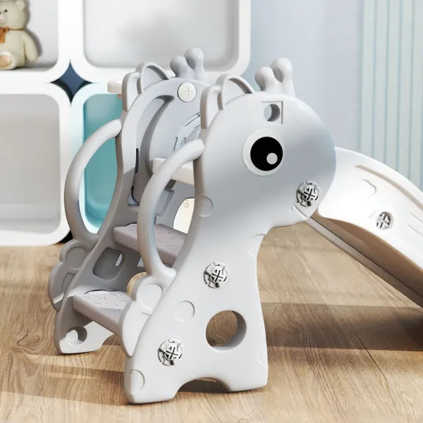 3-in-1 Toddler Slide for Age 1-3, Freestanding Kids Slide with Climber, Basketball Hoop and Ball, Giraffe Design, Gray - product image 8