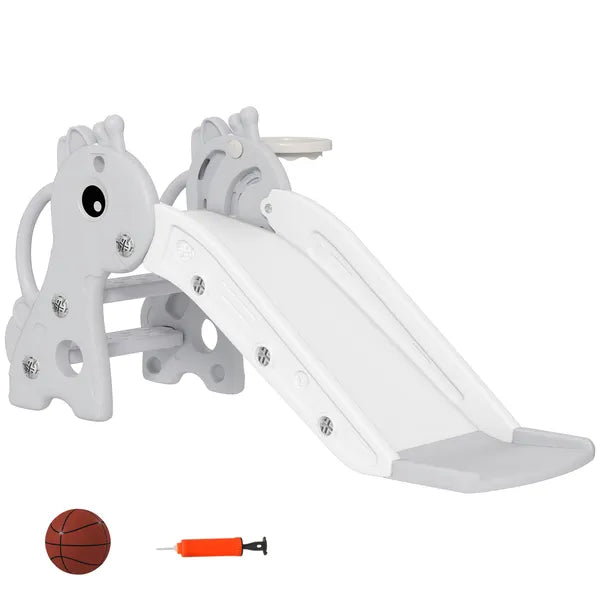 3-in-1 Toddler Slide for Age 1-3, Freestanding Kids Slide with Climber, Basketball Hoop and Ball, Giraffe Design, Gray - product image 1