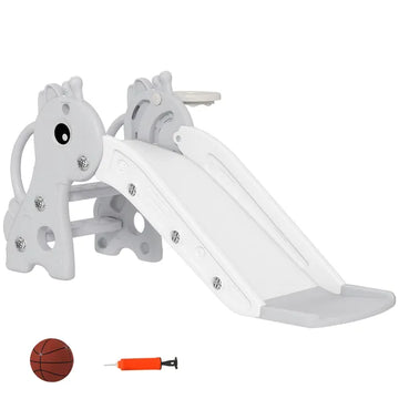 3-in-1 Toddler Slide for Age 1-3, Freestanding Kids Slide with Climber, Basketball Hoop and Ball, Giraffe Design, Gray - product image 1