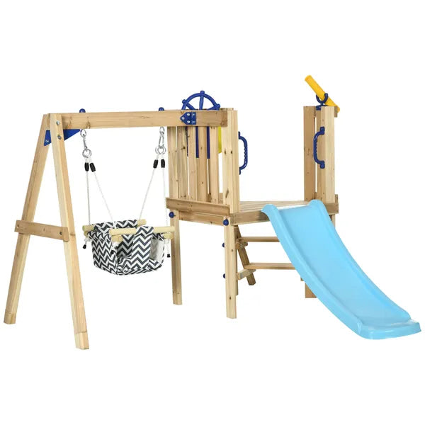 Outsunny 3-in-1 Wooden Swing Set with Slide, Swing Seat, Fort, Wheel, Telescope and Mailbox, for 1.5-4 Years Old, Children's Outdoor Toys - product image 12