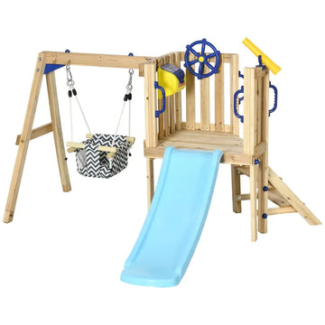 Outsunny 3-in-1 Wooden Swing Set with Slide, Swing Seat, Fort, Wheel, Telescope and Mailbox, for 1.5-4 Years Old, Children's Outdoor Toys - product image 1