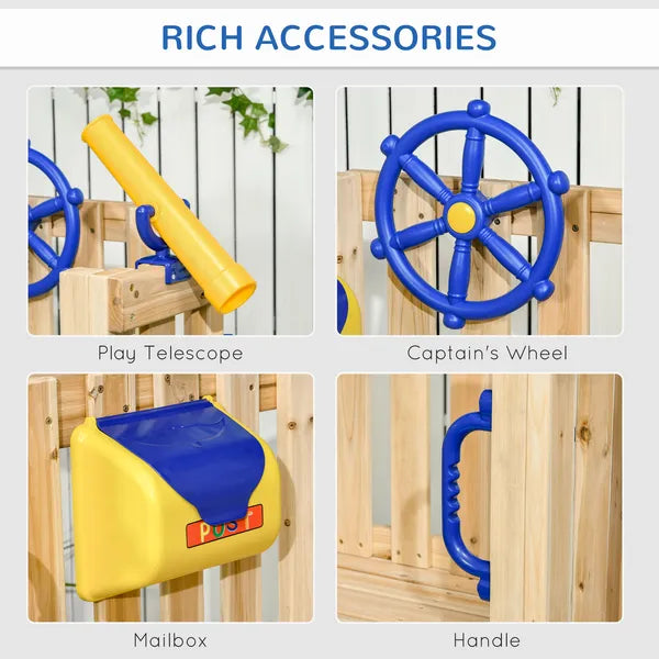 Outsunny 3-in-1 Wooden Swing Set with Slide, Swing Seat, Fort, Wheel, Telescope and Mailbox, for 1.5-4 Years Old, Children's Outdoor Toys - product image 5
