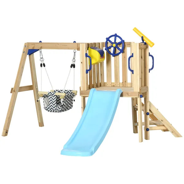 Outsunny 3-in-1 Wooden Swing Set with Slide, Swing Seat, Fort, Wheel, Telescope and Mailbox, for 1.5-4 Years Old, Children's Outdoor Toys - product image 11