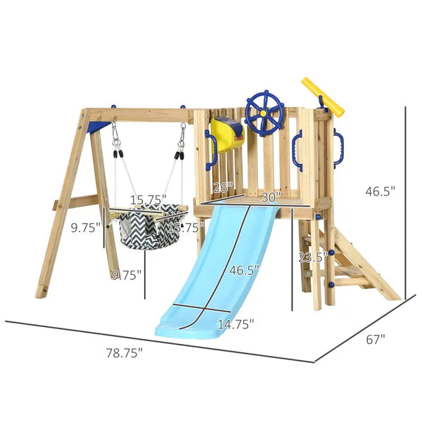 Outsunny 3-in-1 Wooden Swing Set with Slide, Swing Seat, Fort, Wheel, Telescope and Mailbox, for 1.5-4 Years Old, Children's Outdoor Toys - product image 3