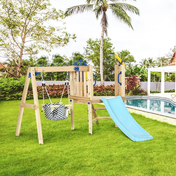 Outsunny 3-in-1 Wooden Swing Set with Slide, Swing Seat, Fort, Wheel, Telescope and Mailbox, for 1.5-4 Years Old, Children's Outdoor Toys - product image 10