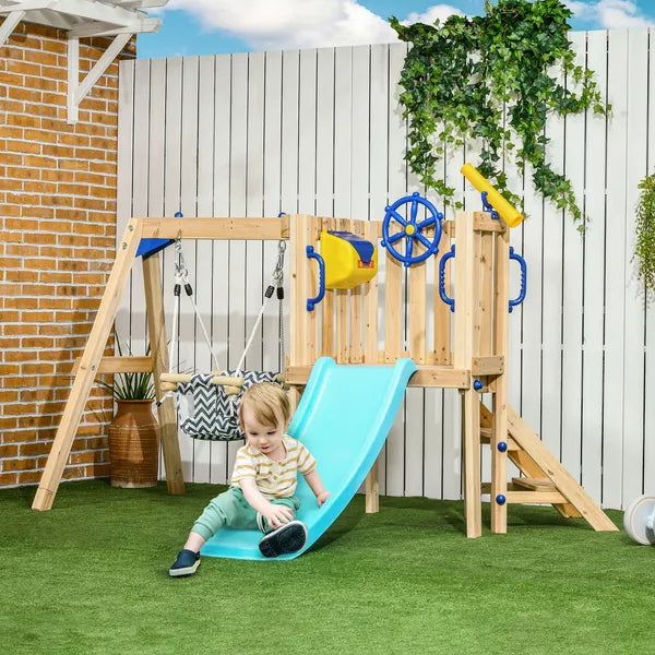 Outsunny 3-in-1 Wooden Swing Set with Slide, Swing Seat, Fort, Wheel, Telescope and Mailbox, for 1.5-4 Years Old, Children's Outdoor Toys - product image 2