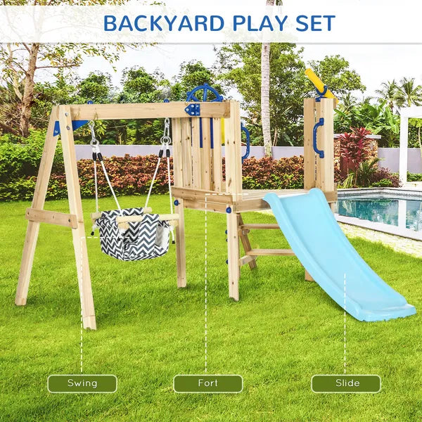 Outsunny 3-in-1 Wooden Swing Set with Slide, Swing Seat, Fort, Wheel, Telescope and Mailbox, for 1.5-4 Years Old, Children's Outdoor Toys - product image 4