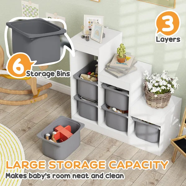 Qaba 3 Layers Kids Toy Storage Organizer with 6 Storage Bins, Kids Bookshelf for Ages 3-8 Years, Play Room, Bedroom, Gray - product image 4